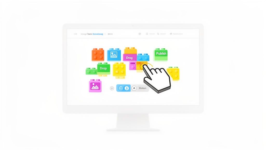 A hand cursor interacts with a no-code drag-and-drop interface featuring colorful building blocks on a computer screen.