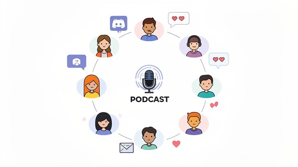 A visual representation of a podcast at the center, surrounded by diverse people interacting with social media icons.