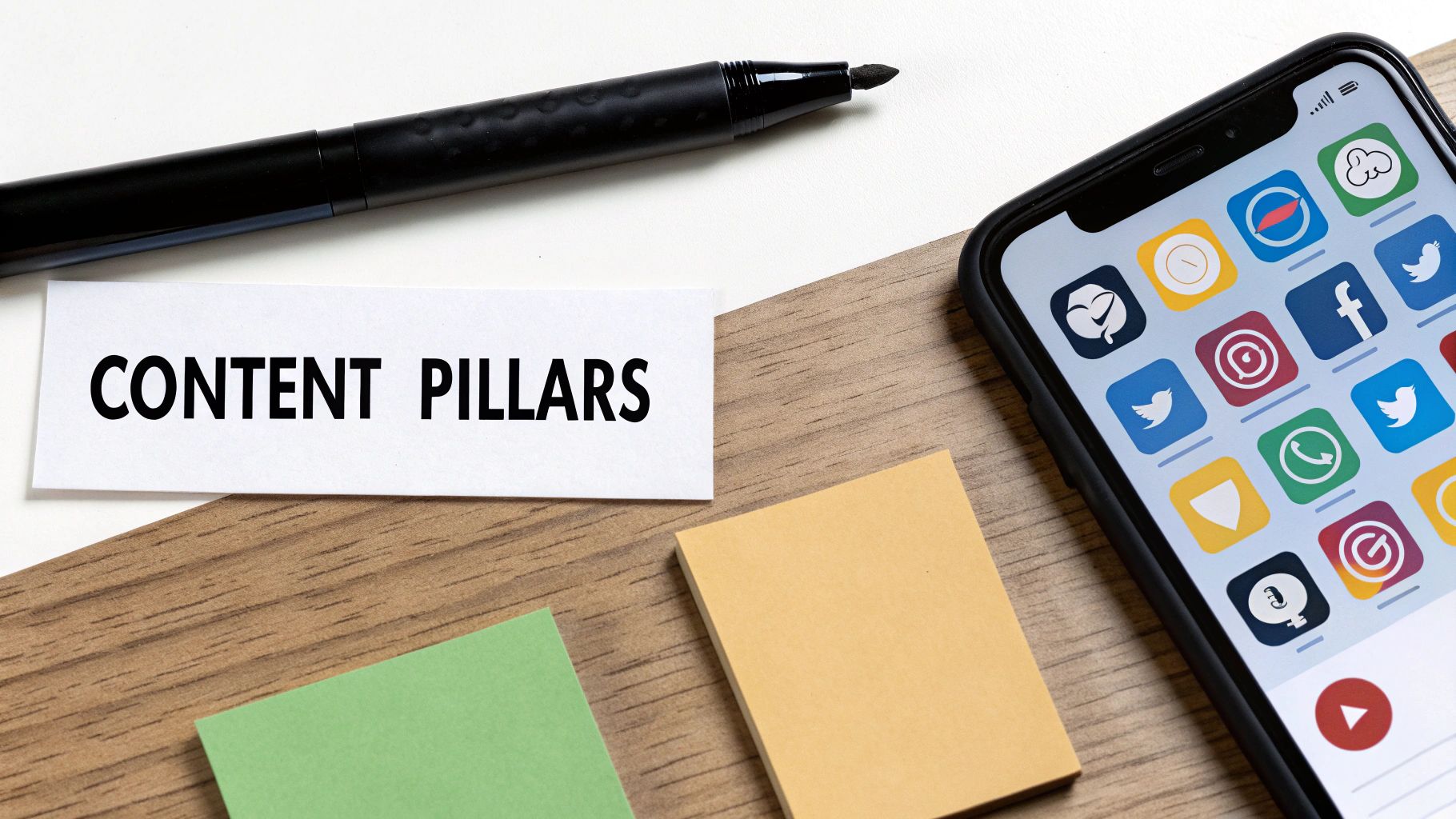 Overhead view of 'CONTENT PILLARS' note, marker, and phone displaying social media app icons.