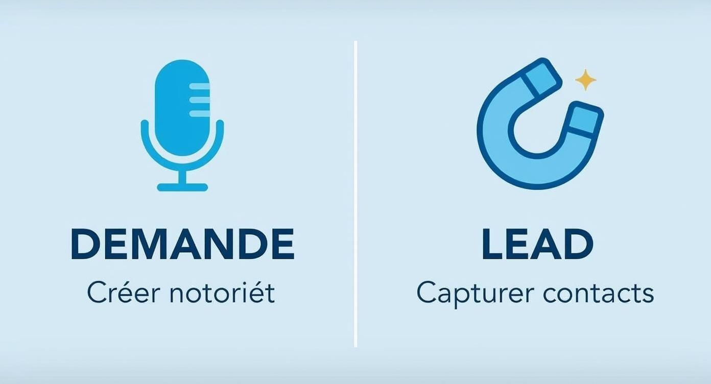 Infographie comparant la génération de demande, qui crée la notoriété, à la génération de leads, qui capture les contacts.