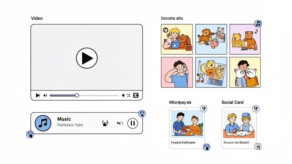 A screen layout featuring a video player, a music player, and several illustrated social cards and design elements.