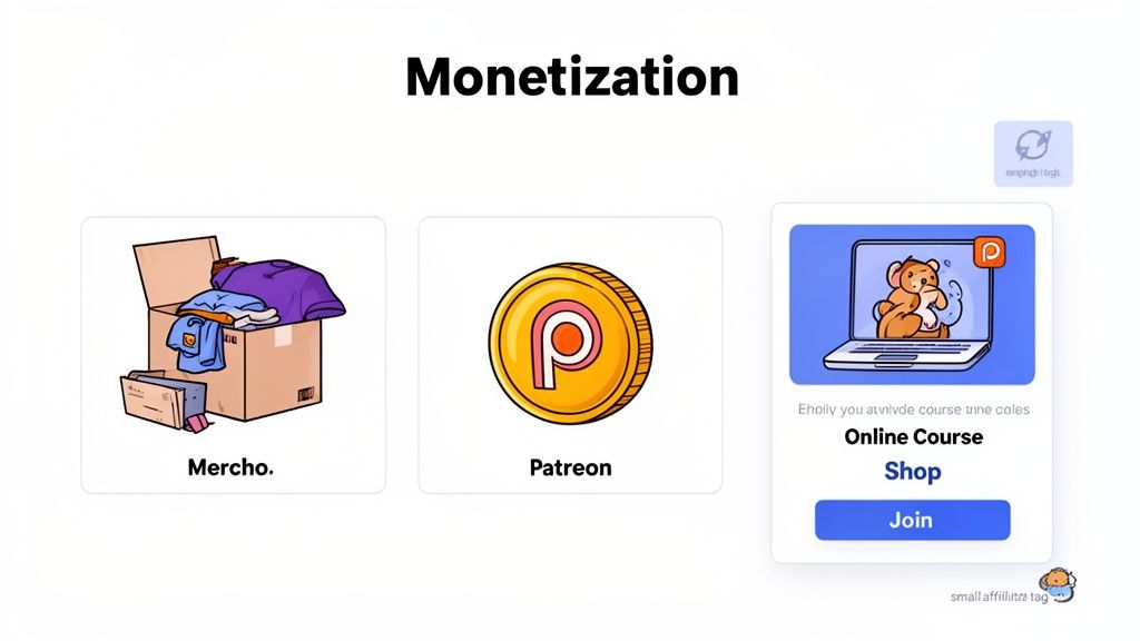 A slide titled 'Monetization' displays three income streams: merchandise, Patreon, and online courses.