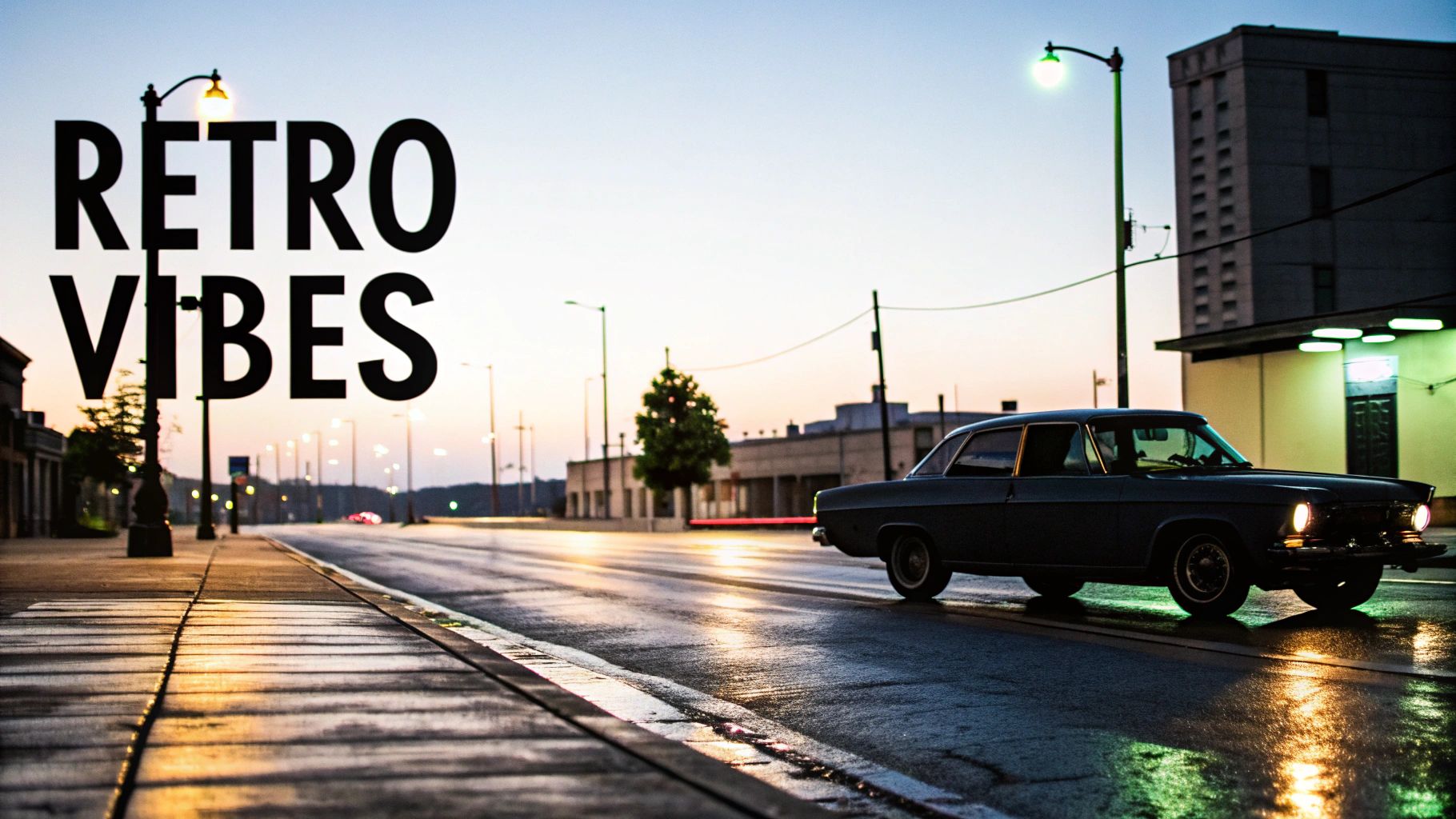 Vintage car on a wet road at twilight with 'RETRO VIBES' text, evoking a nostalgic mood.