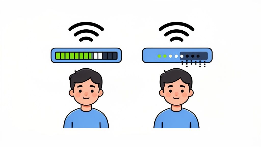 Two cartoon boys illustrate strong and failing Wi-Fi internet connections.