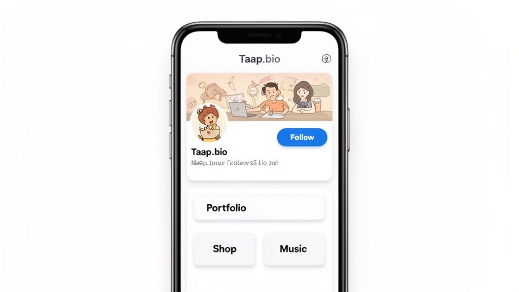 A smartphone displaying the Taap.bio profile page with a cartoon banner, profile picture, 'Follow' button, and navigation options.