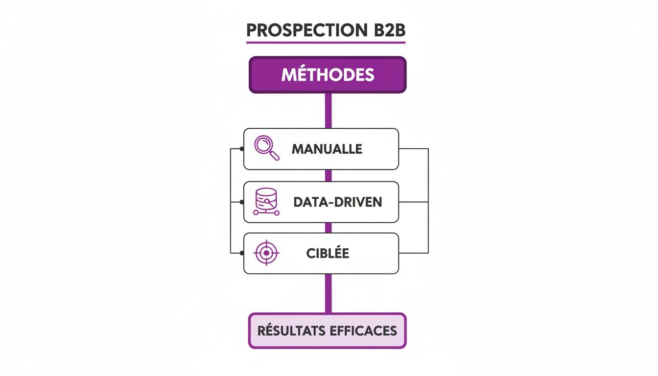 Schéma des méthodes de prospection B2B: manuelle, data-driven et ciblée, menant à des résultats efficaces.