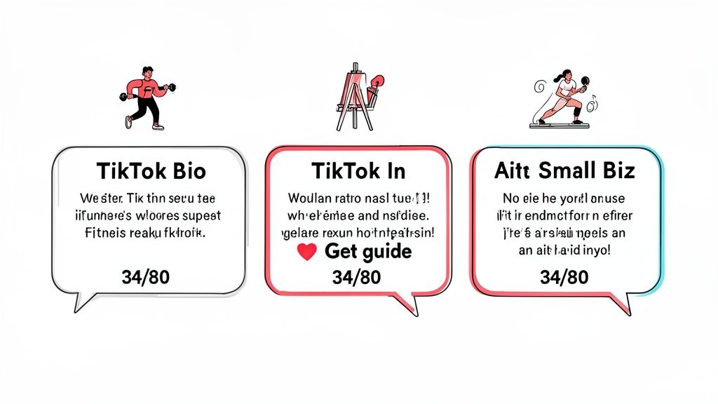 Three illustrated cards display TikTok Bio, TikTok In, and Aitt Small Biz sections with placeholder text and icons.