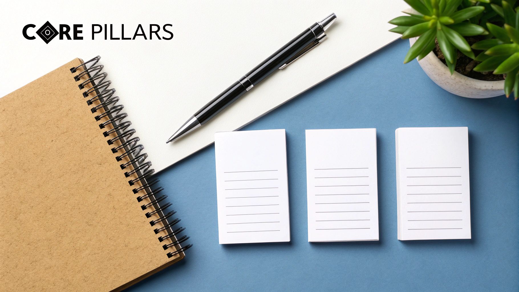 A flat lay of a brown spiral notebook, a black pen, three stacks of blank notepads, and a potted plant on a blue desk.