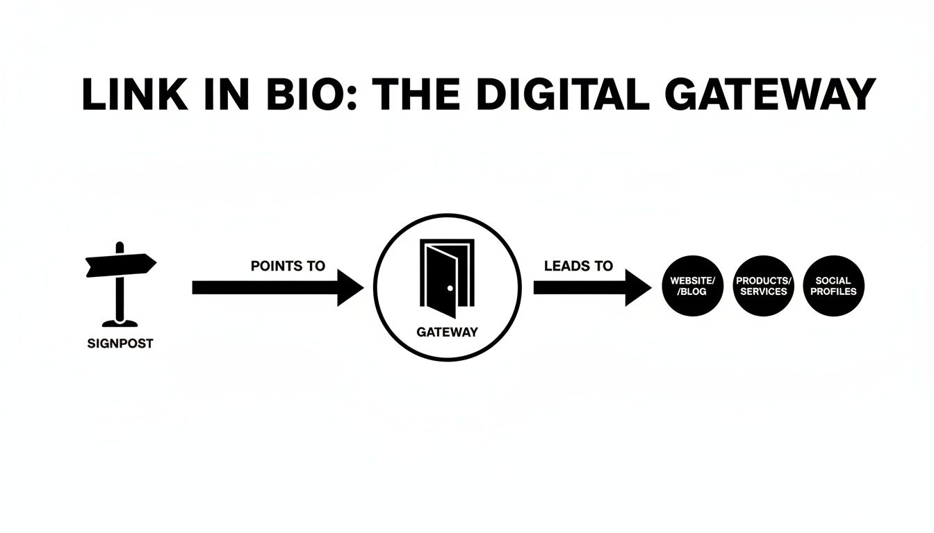Diagram showing 'Link in Bio' as a digital gateway to website, products, and social media.