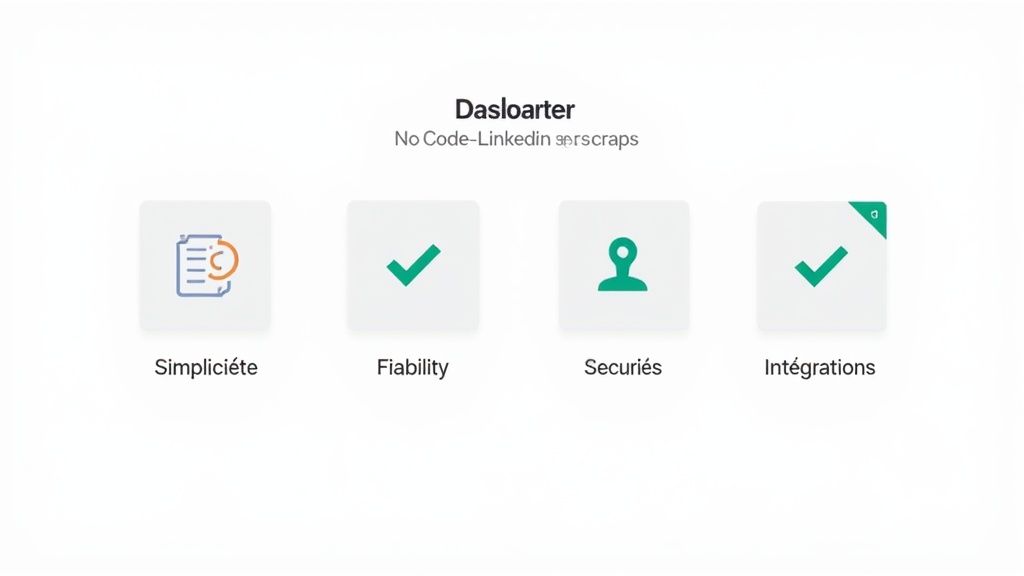 Quatre icônes représentant les caractéristiques principales de Dasloarter : simplicité, fiabilité, sécurité et intégrations.