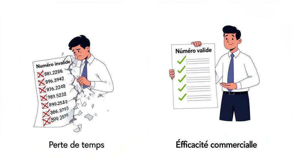 Deux illustrations contrastées: un homme triste avec des numéros invalides symbolisant la perte de temps et un homme souriant avec des numéros valides représentant l'efficacité commerciale.