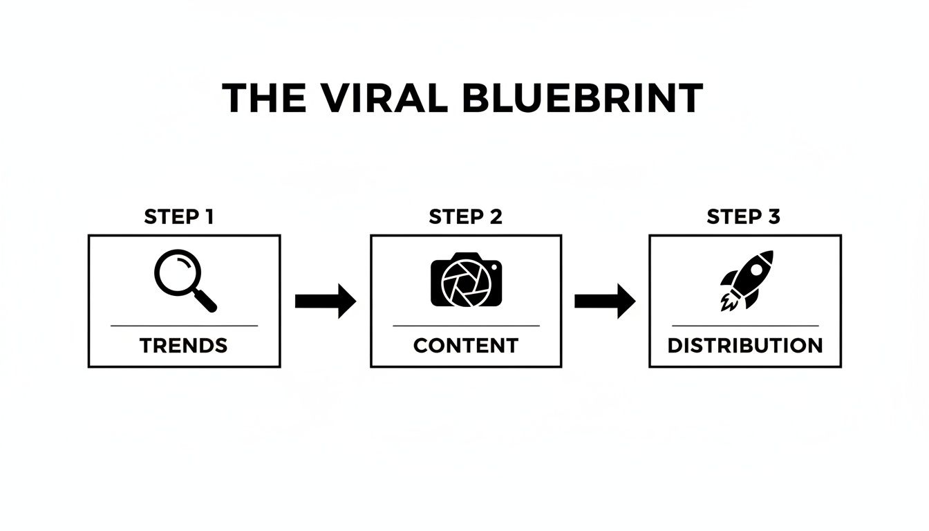 A three-step viral blueprint showing trends analysis, content creation, and distribution for successful virality.