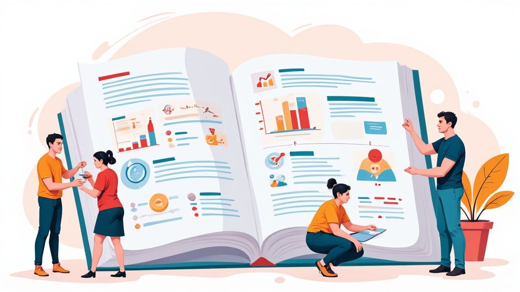 Une équipe commerciale collaborant autour d'un tableau blanc dans un bureau lumineux