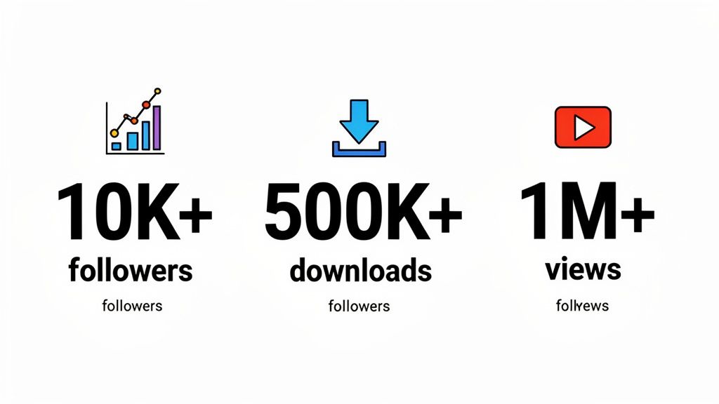 Infographic showing social media and app statistics: 10K+ followers, 500K+ downloads, and 1M+ views.