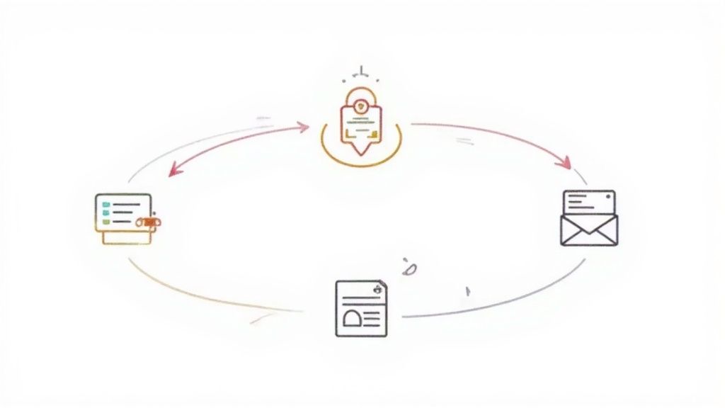 Diagramme de flux circulaire illustrant un processus de communication et de vérification de données.