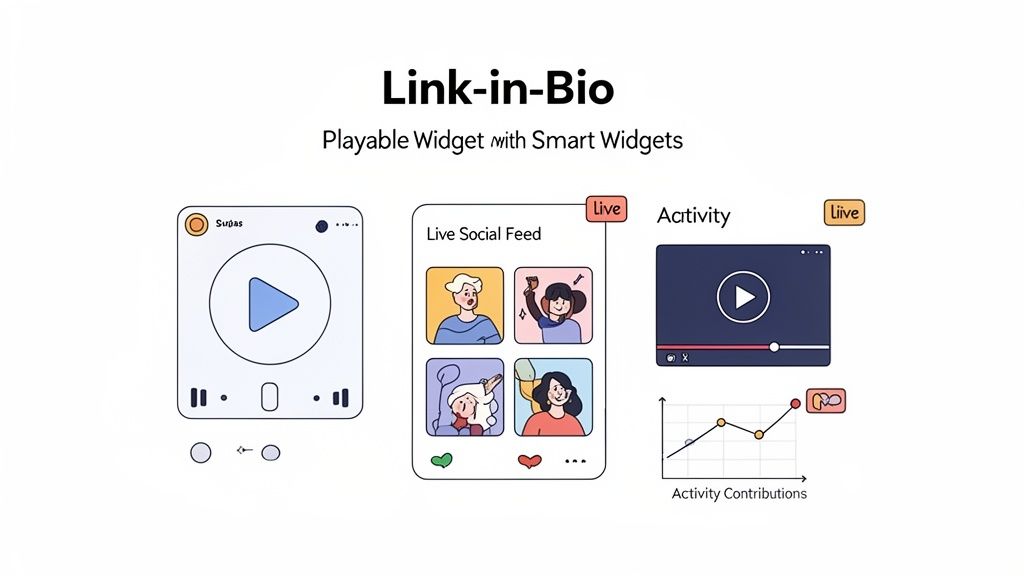Digital widgets for Link-in-Bio: music player, live social feed, activity video, and contributions graph.
