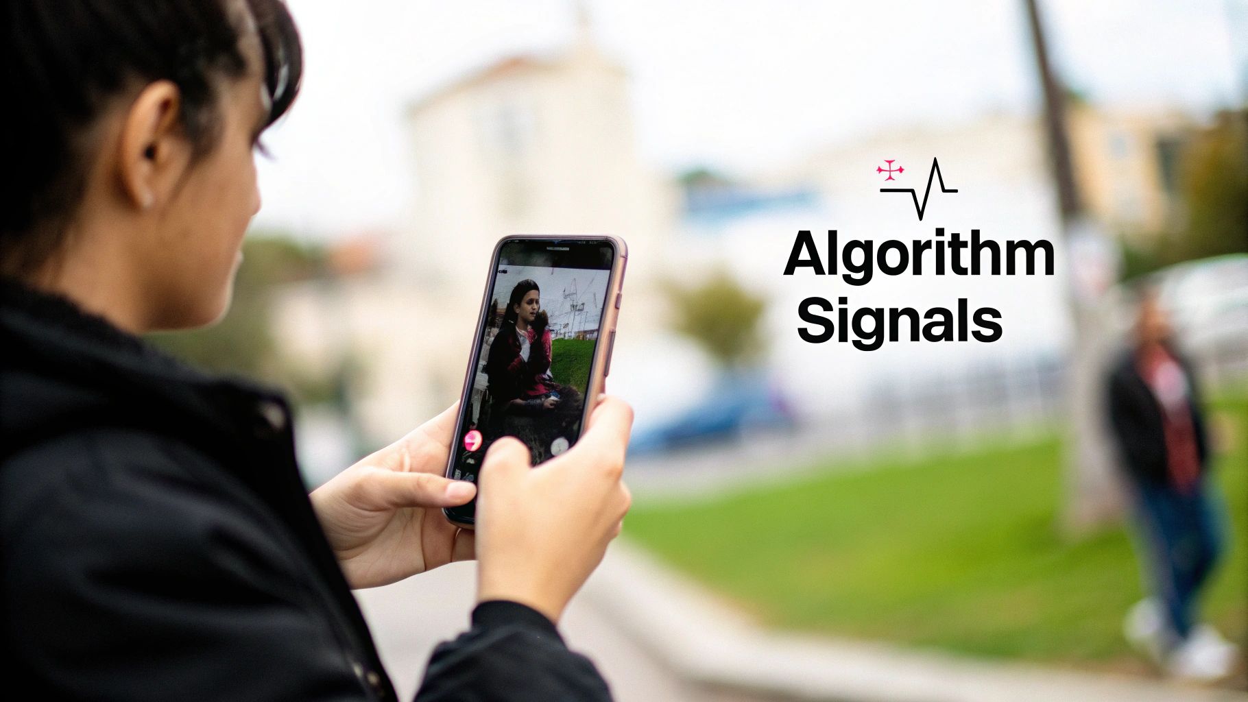 A person holds a smartphone, recording a video of another individual, with 'Algorithm Signals' overlay.