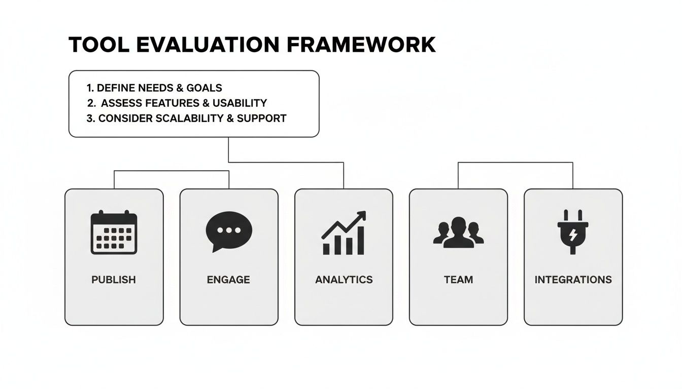 Diagram of a tool evaluation framework with steps and key areas: publish, engage, analytics, team, and integrations.