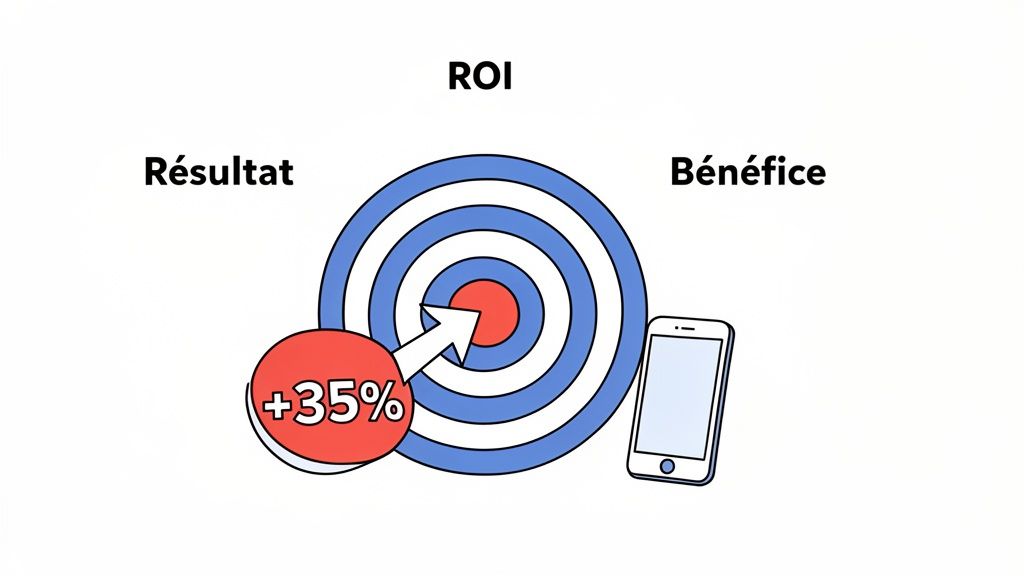 Illustration du ROI avec une cible, une flèche, un +35% de résultat et de bénéfice, et un smartphone.
