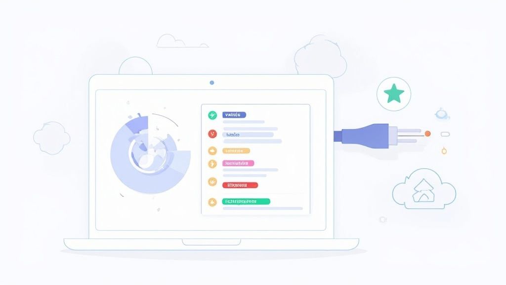 Un ordinateur portable affiche des analyses de données et une liste, symbolisant la connectivité ou un plug-in.