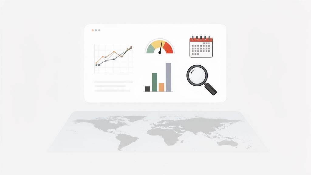 Tableau de bord de données avec graphiques et indicateurs, flottant au-dessus d'une carte du monde. Représente l'analyse globale.