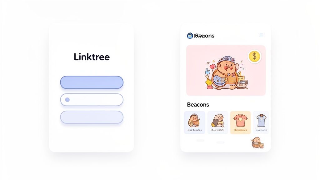 Two mobile app screens comparing Linktree and Beacons, showing login and content display interfaces.