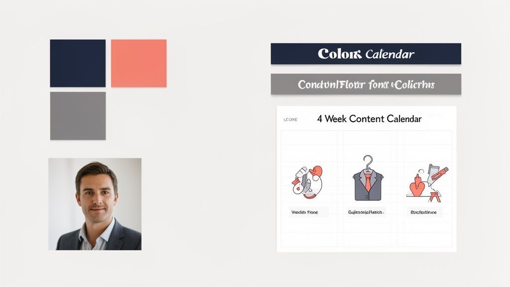 A design concept showcasing a color palette, text elements, content calendar icons, and a professional man's headshot.