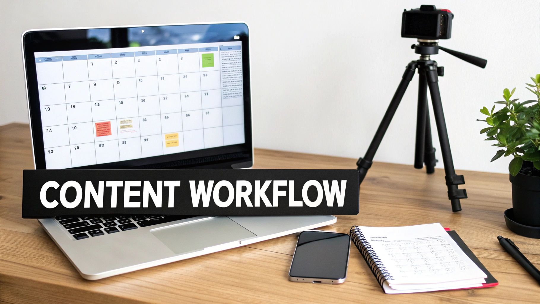 A desk setup with a laptop displaying a content calendar and a 'CONTENT WORKFLOW' sign.