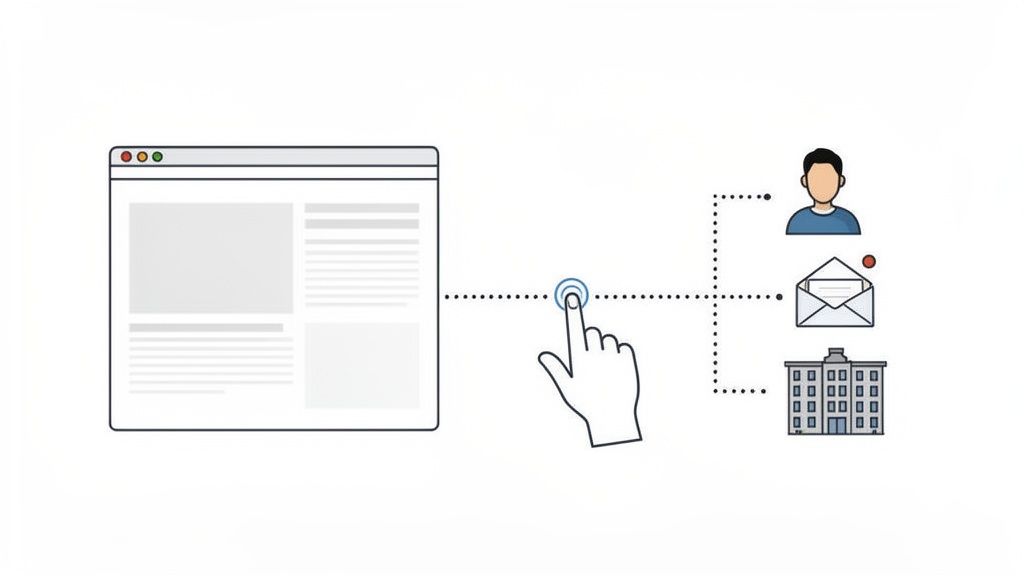 Une main clique sur une page web, symbolisant l'interaction et la connexion à un utilisateur, un e-mail et une entité.