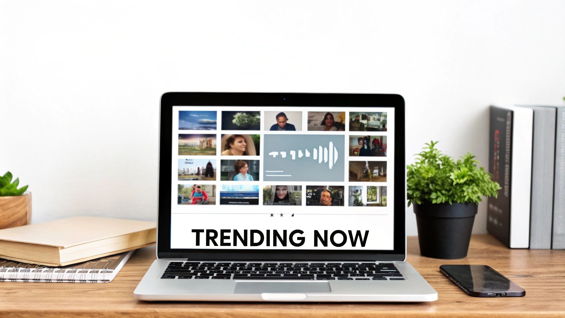 Laptop screen displaying a 'TRENDING NOW' page with various video thumbnails and a sound wave graphic.