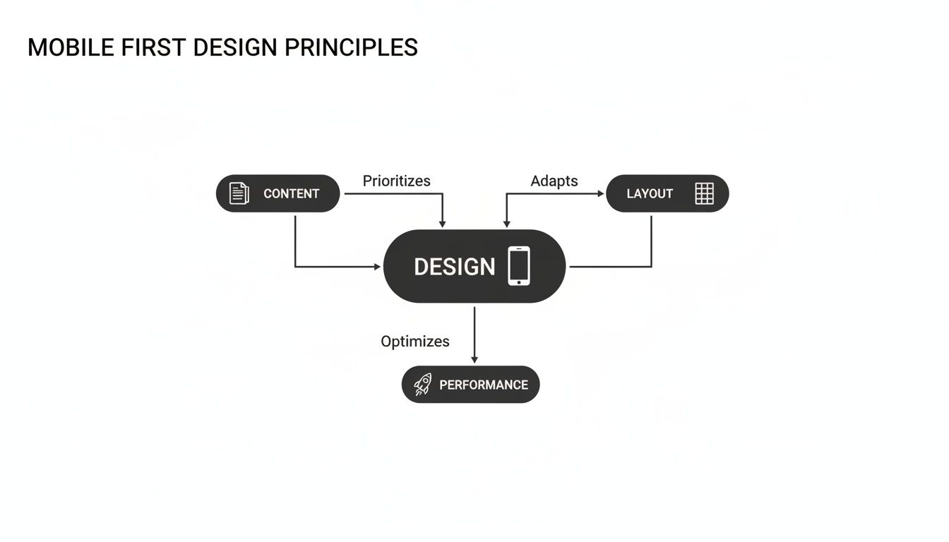 A flowchart showing mobile-first design principles, connecting content, layout, design, and performance.