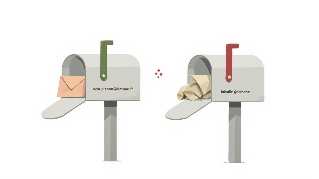 Deux boîtes aux lettres illustrant les formats d'adresse email nom.prenom@domaine.fr et initiale@domaine