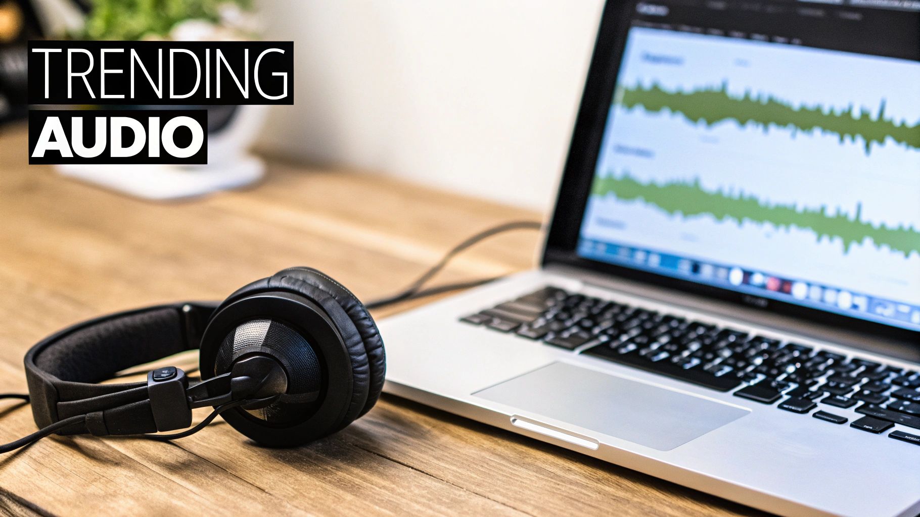 Black headphones on a wooden desk next to a laptop displaying audio waveforms and 'Trending Audio' text.