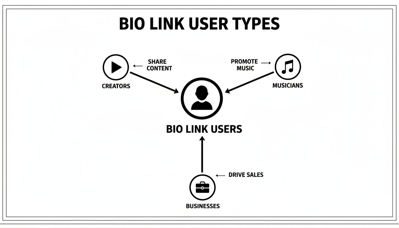 Diagram showing bio link user types: creators sharing content, musicians promoting music, and businesses driving sales.
