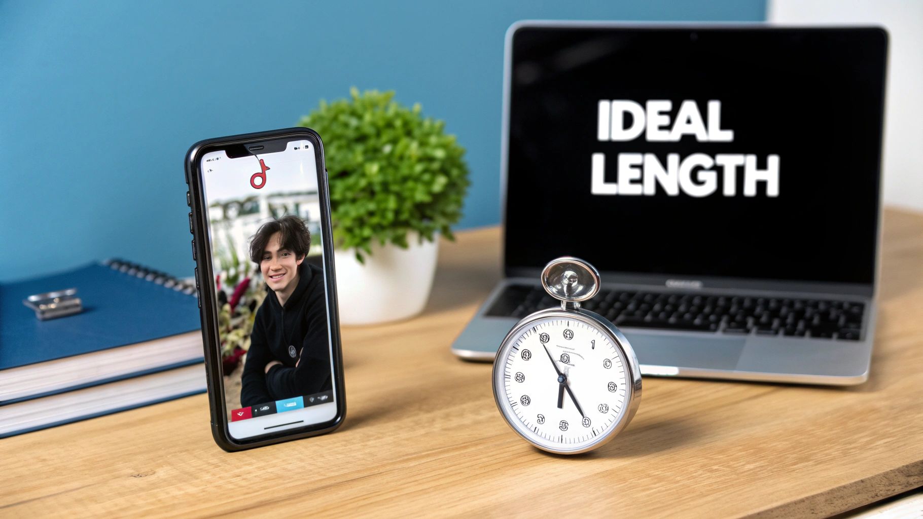 A smartphone showing a young man's video, a stopwatch, and a laptop displaying 'IDEAL LENGTH' on a desk.