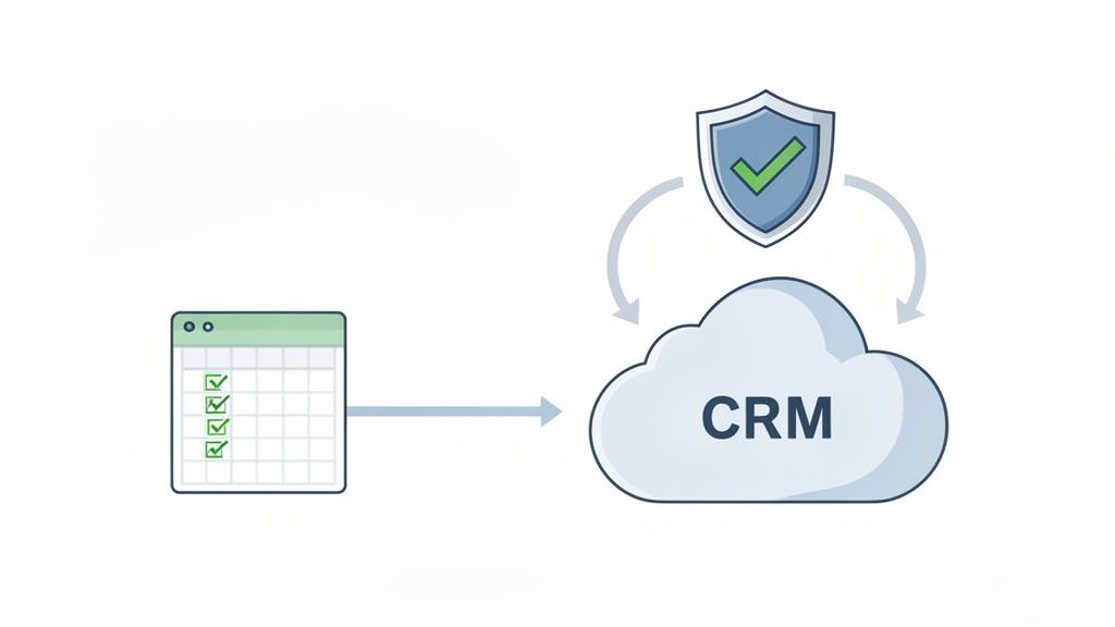 Données validées d'un tableau envoyées vers un CRM cloud sécurisé, illustré par un bouclier.