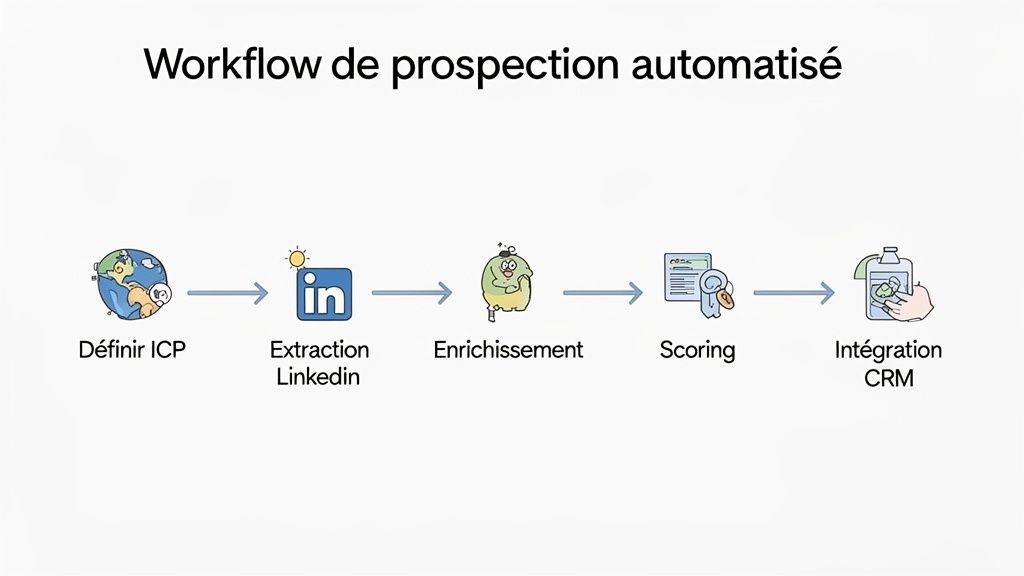Illustration d'un workflow de prospection automatisé, détaillant les étapes de définition ICP, extraction LinkedIn, enrichissement, scoring et intégration CRM.