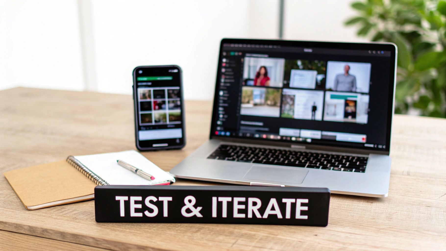 A modern workspace setup with a laptop, smartphone, notebook, and a 'TEST & ITERATE' sign.