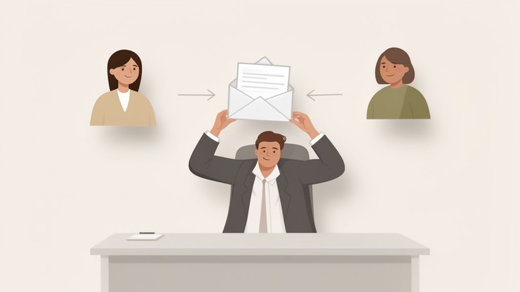 Un homme au bureau tient une enveloppe ouverte avec des documents, entre les profils de deux femmes, symbolisant l'échange d'informations.