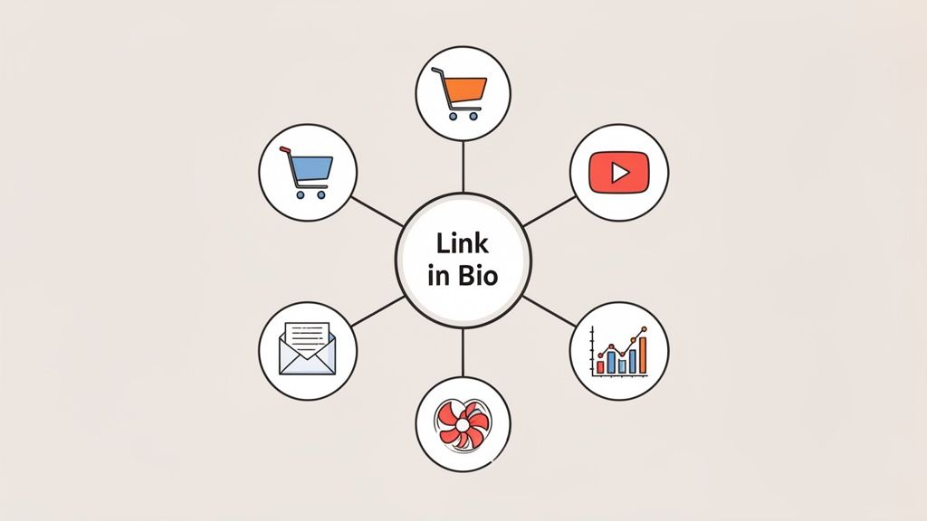 Illustration of 'Link in Bio' central hub connecting to e-commerce, YouTube, analytics, email, and community.