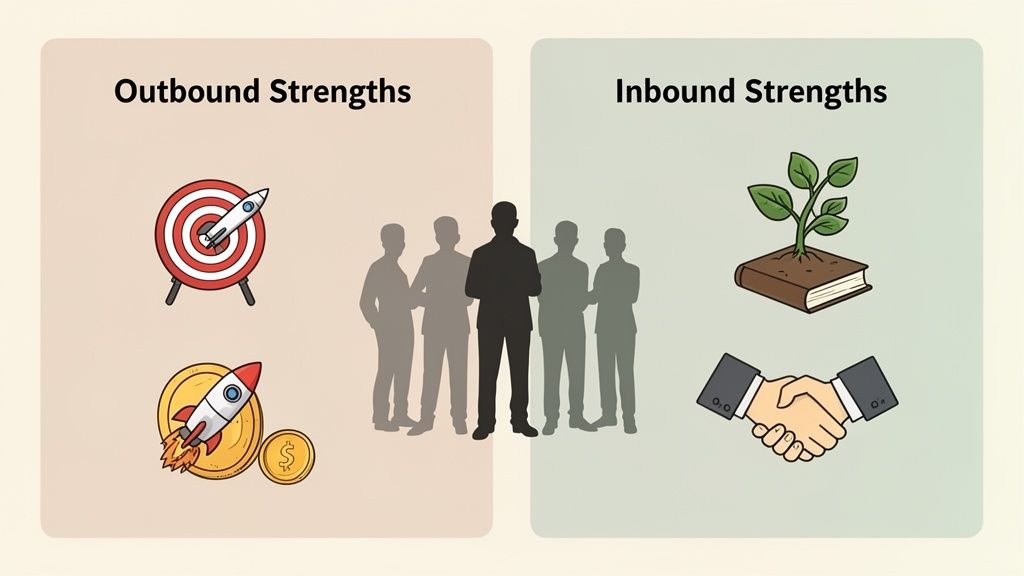 L'image illustre les forces outbound (cible, fusée, argent) et inbound (plante, livre, poignée de main) en affaires.