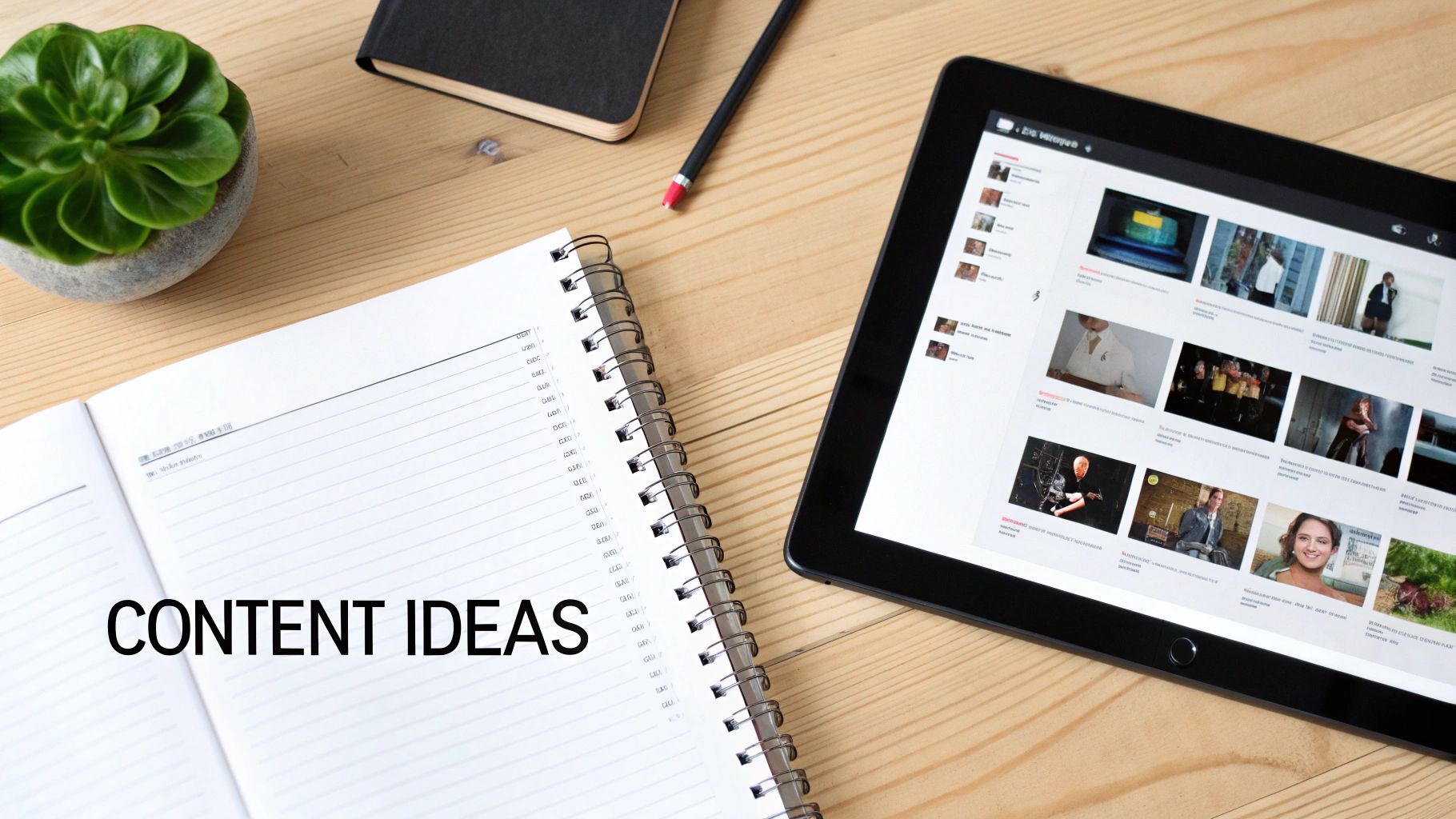 Top-down view of a wooden desk with a notebook open to 'CONTENT IDEAS', a tablet showing videos, a plant, and a pen.
