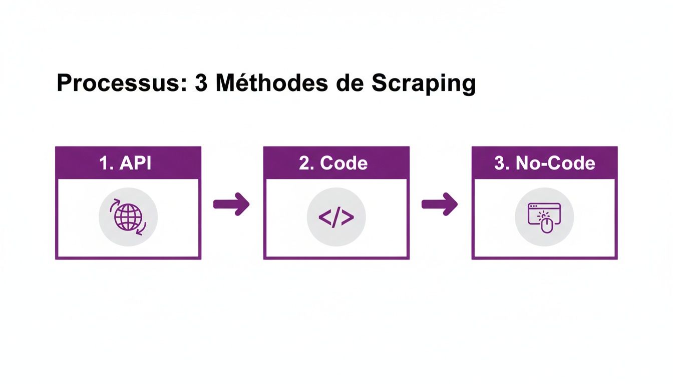 Diagramme illustrant les trois méthodes de scraping de données : API, Code et No-Code, avec des icônes explicatives.