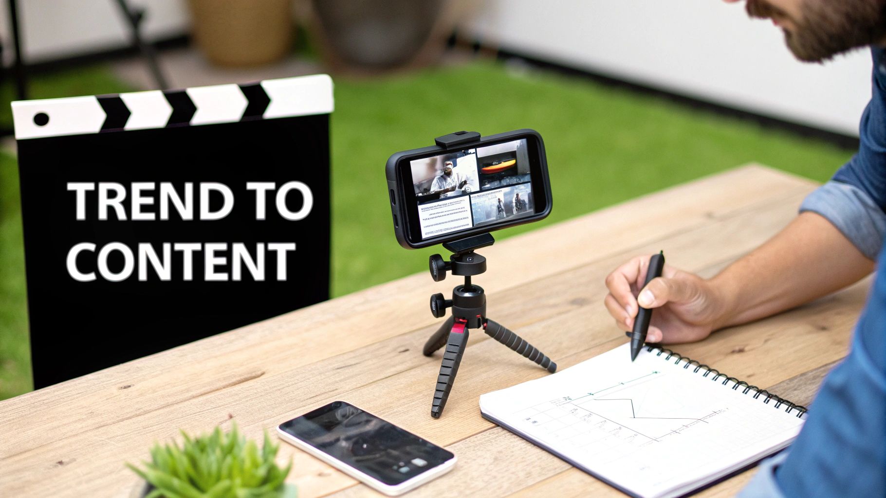 A person planning digital content, watching videos on a phone, with a 'TREND TO CONTENT' clapperboard.