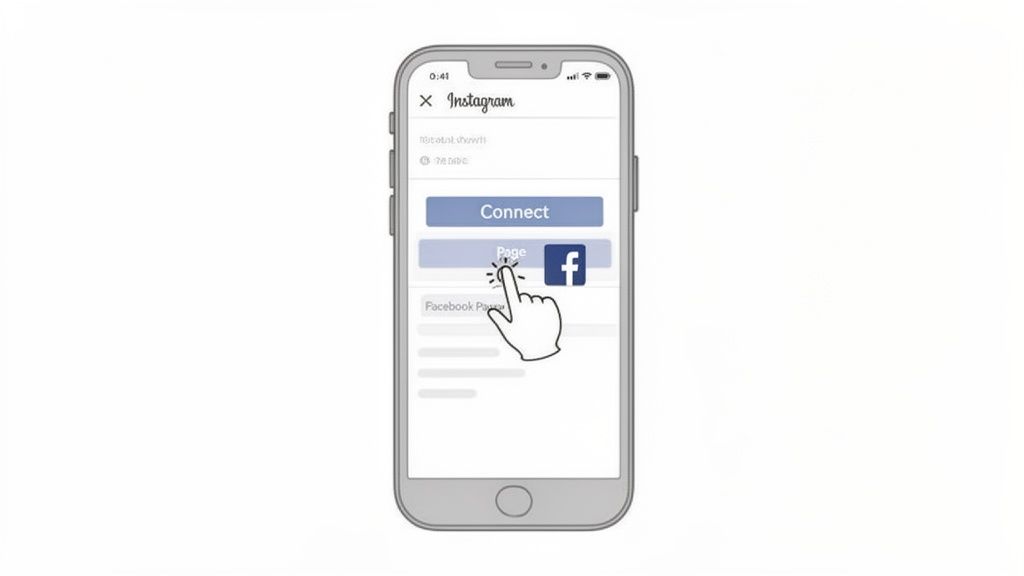 A hand cursor taps the 'Page' button with the Facebook logo on an Instagram app screen, indicating a connection process.