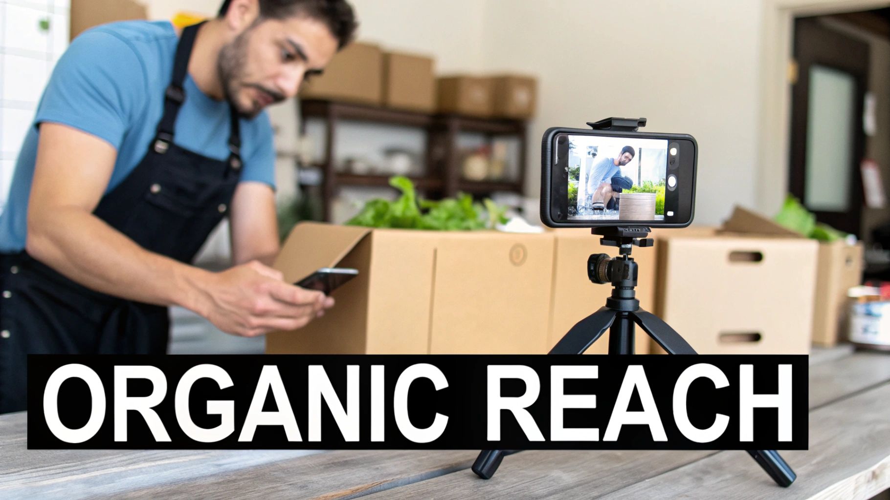 A man live streaming himself packing a box of fresh produce, with 'ORGANIC REACH' text overlay.