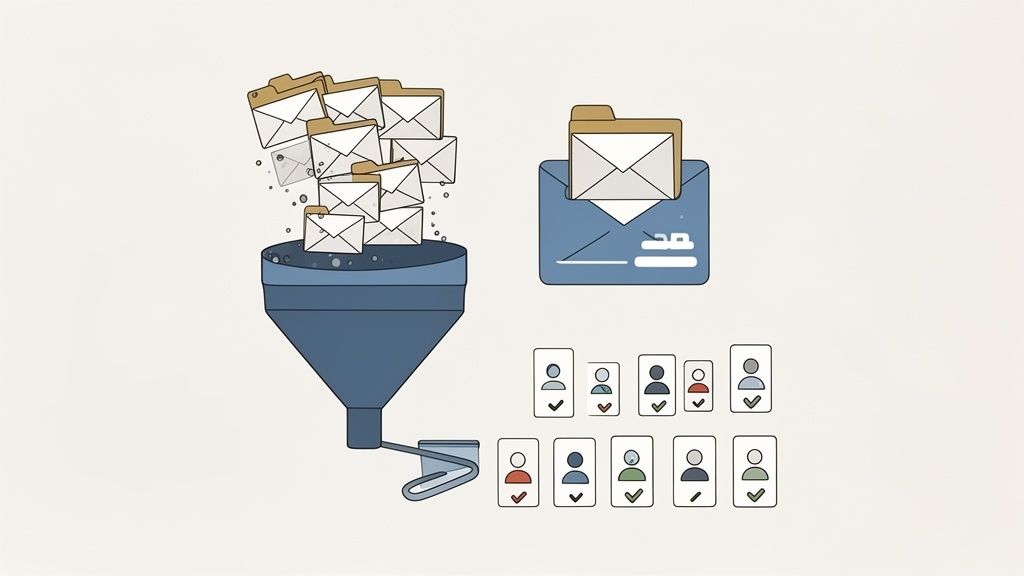 Un entonnoir filtre des e-mails, les triant en des profils d'utilisateurs sélectionnés avec des cochets.