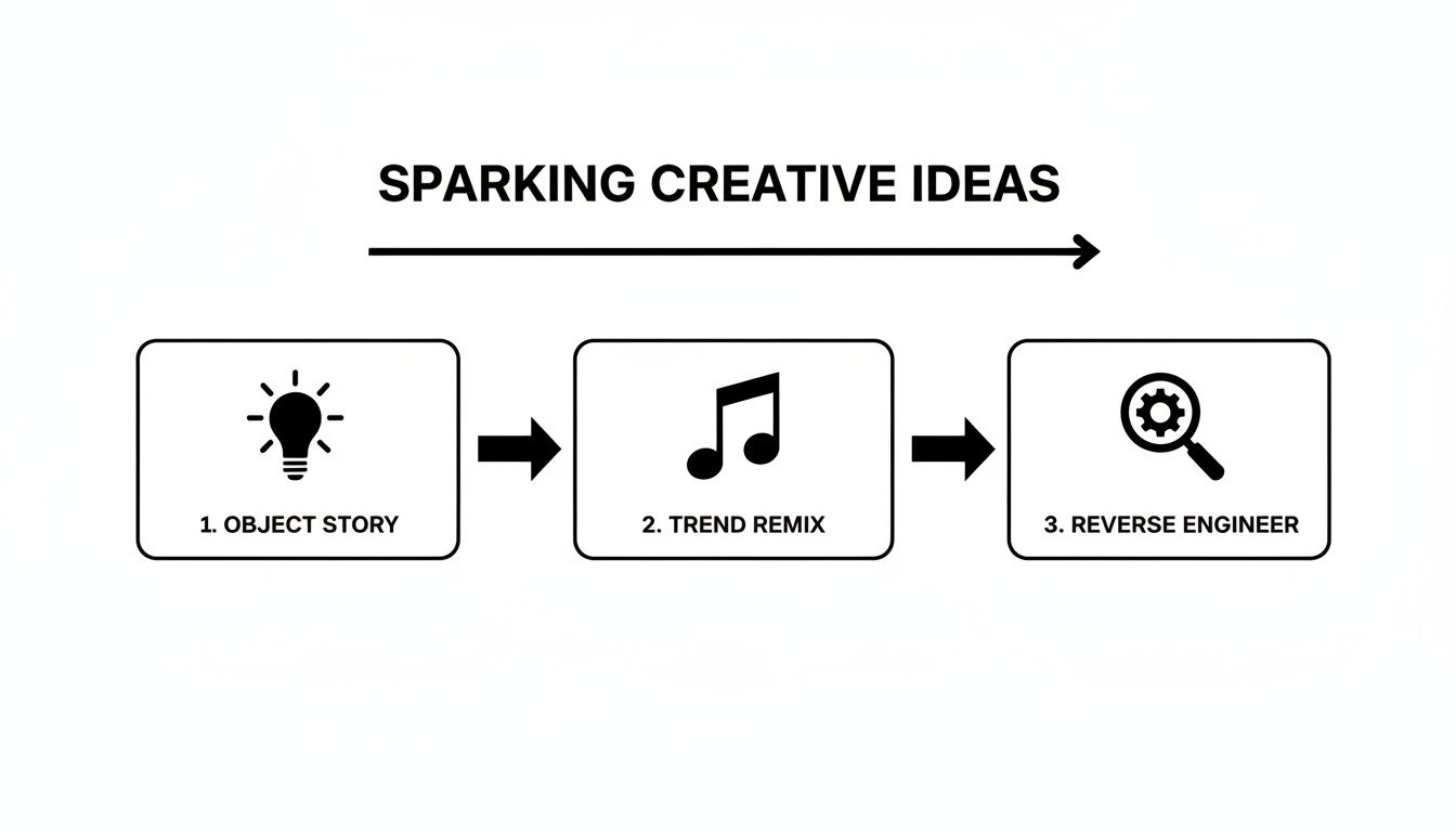Flowchart showing three steps to spark creative ideas: Object Story, Trend Remix, and Reverse Engineer.