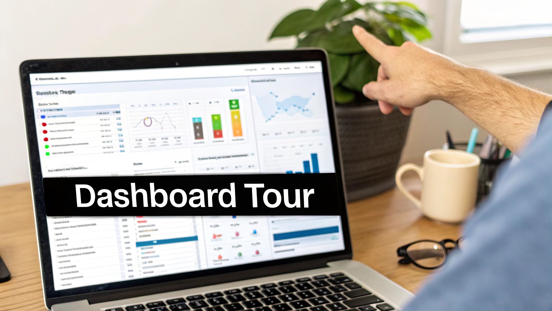 A person points at a laptop screen showing a data dashboard with charts and a "Dashboard Tour" banner.