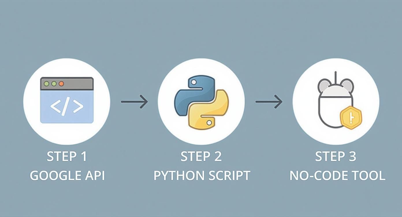Infographie illustrant les trois principales méthodes de scraping : API Google, script Python et outil no-code
